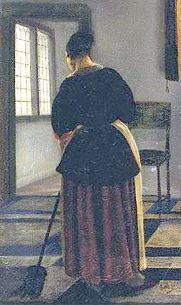 Woman servant, sweeping brush, tiled floor